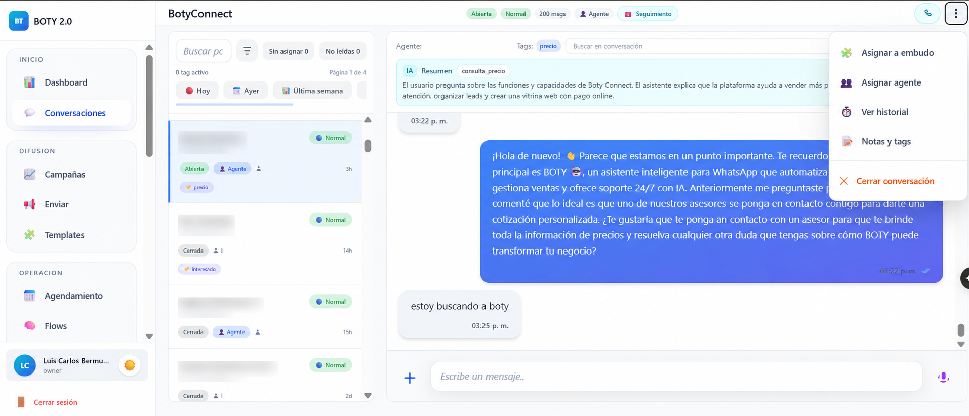Panel de conversaciones de Boty Suite con resumen IA, bandeja de chats, etiquetas y acciones de agente